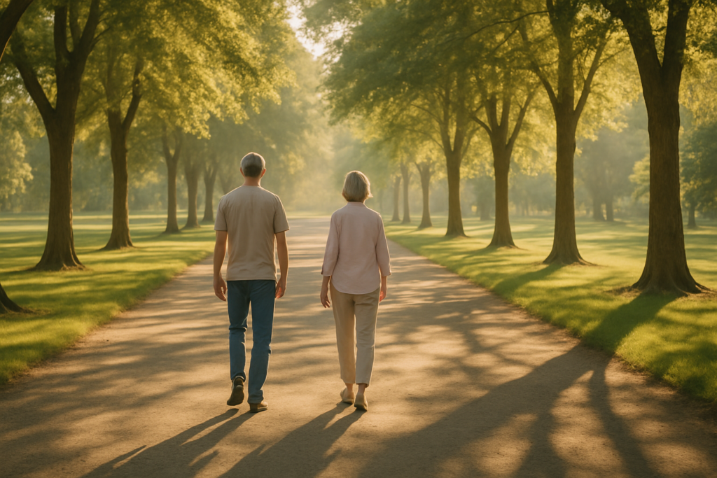 Wide horizontal editorial photo, distant couple — one man and one woman appearing to be in their late 50s — walking side