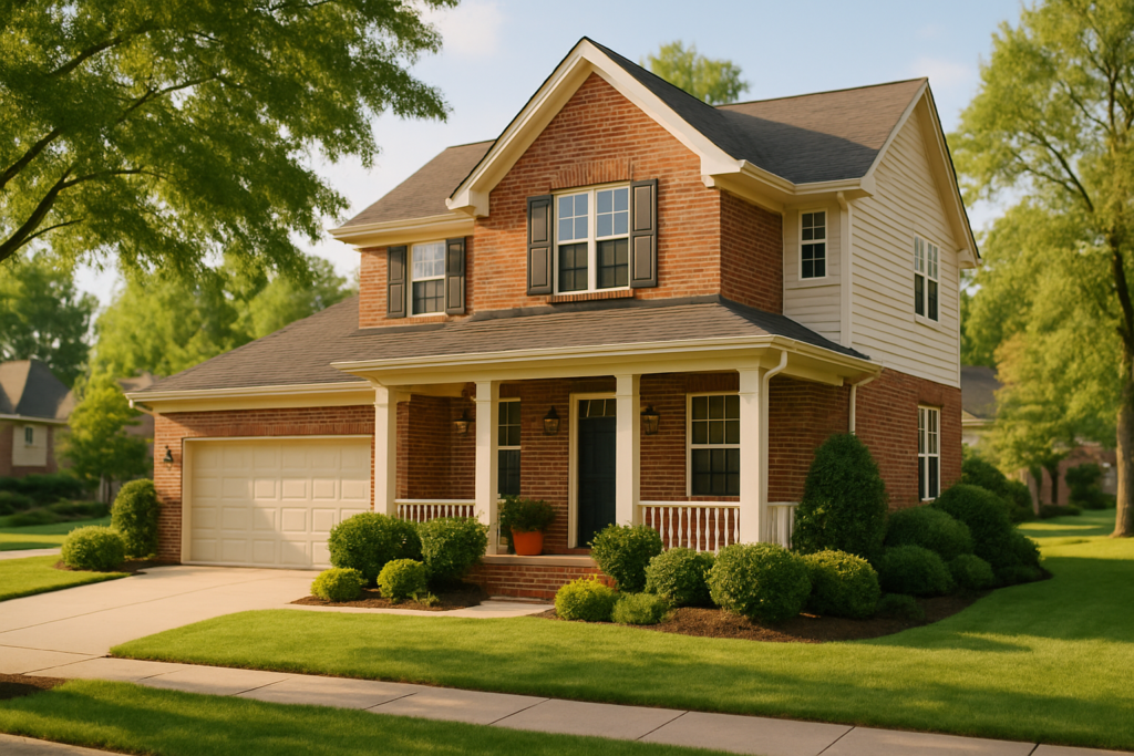 Wide horizontal editorial photo of a comfortable middle-class suburban home on a sunny afternoon — attractive two-story