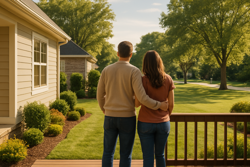 Wide horizontal editorial photo of a couple in their late 30s seen from behind, standing on the back porch of a well-kep