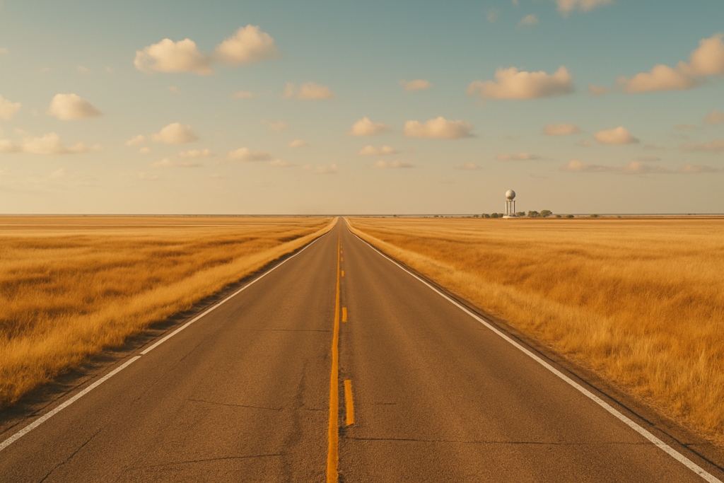 Wide horizontal editorial photo of a long flat empty two-lane road cutting through a vast sun-bleached prairie landscape