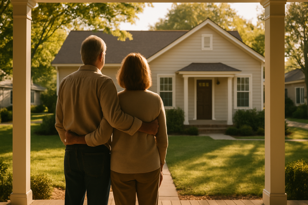 Wide horizontal editorial photo of a mid-60s man and woman — seen from behind or silhouetted at a slight distance — stan