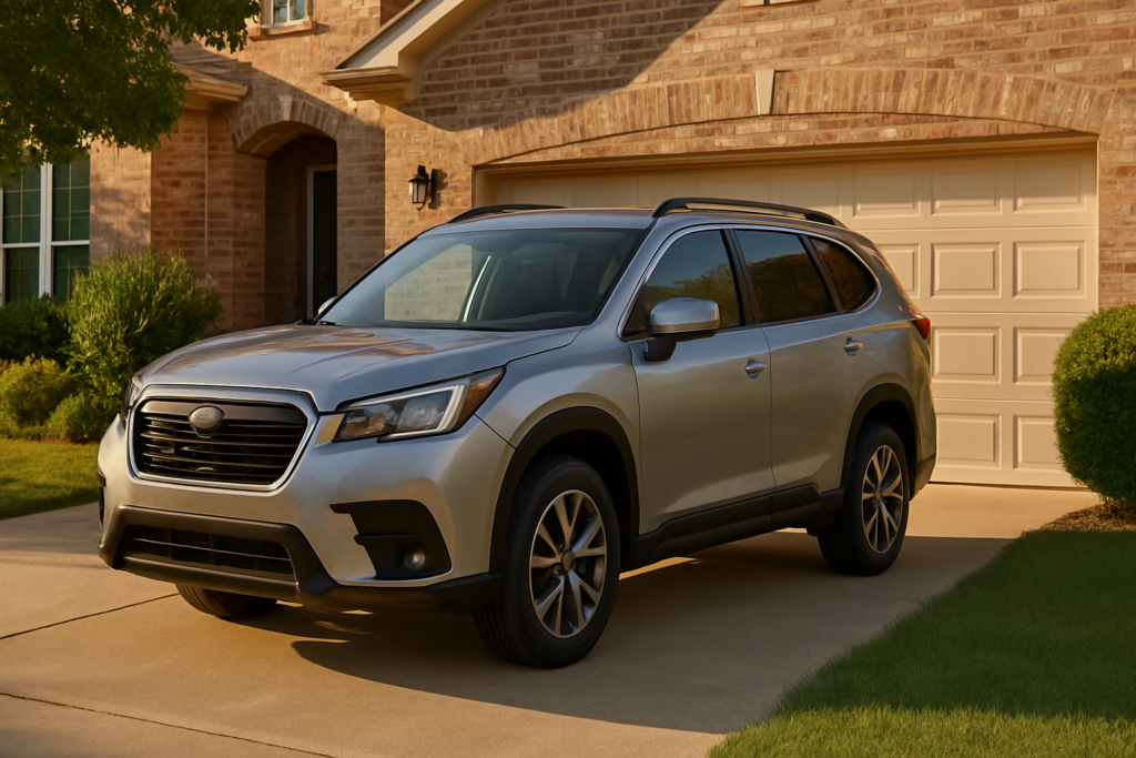 Wide horizontal editorial photo of a newer mid-size SUV parked in a clean suburban driveway in front of an attractive br
