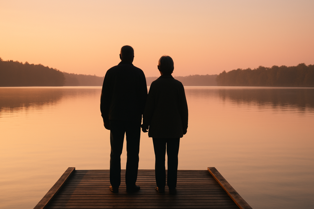 Wide horizontal editorial photo of a silhouetted couple in their late 60s, seen from behind and at a distance, standing