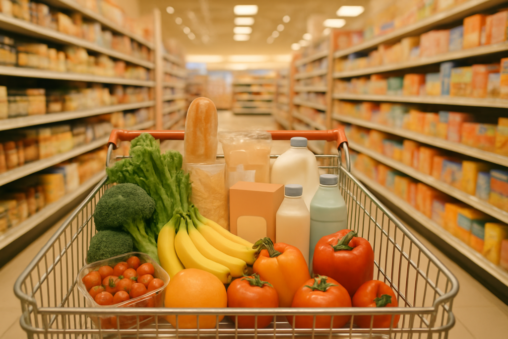 Wide horizontal editorial photo of a well-stocked grocery cart in a bright, modern supermarket aisle — the cart is full