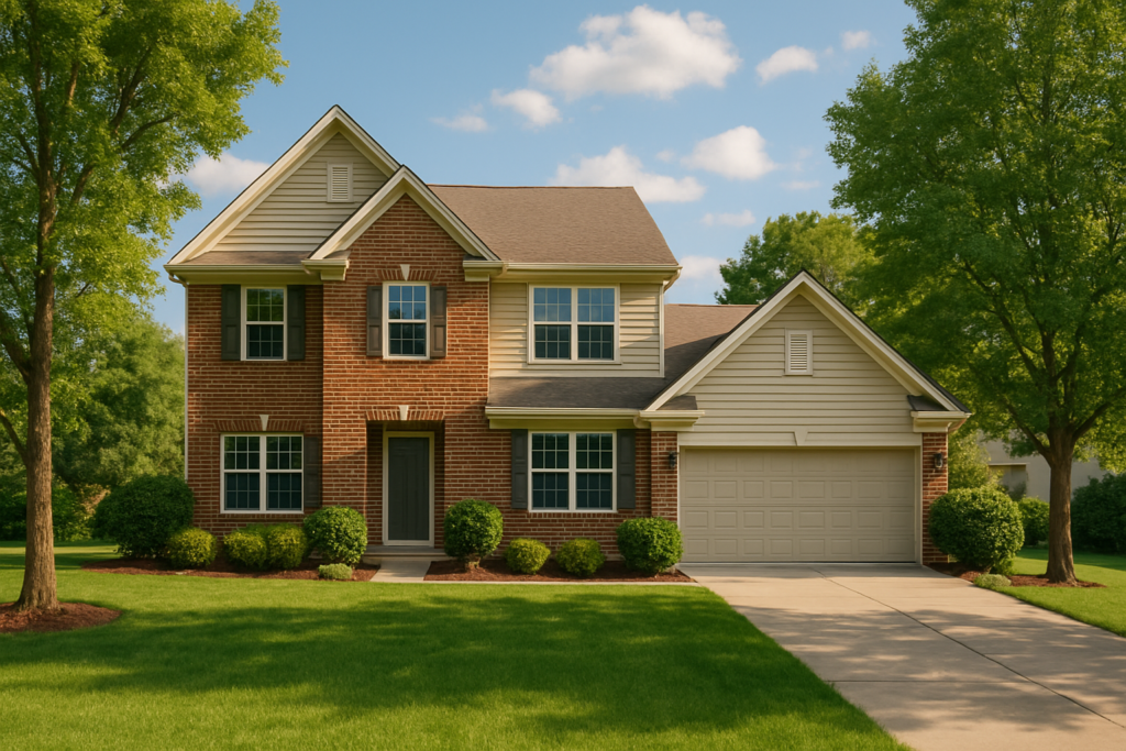 Wide horizontal editorial photo of an attractive two-story suburban home on a sunny afternoon, brick and siding exterior