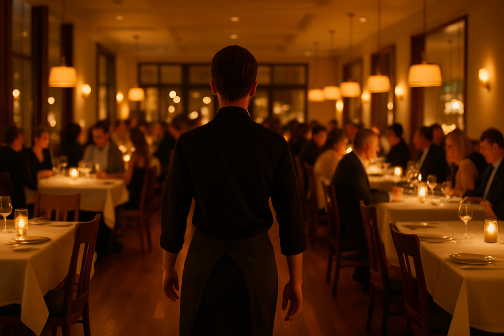 Wide horizontal editorial photo of the interior of a busy upscale restaurant dining room during a busy evening service,
