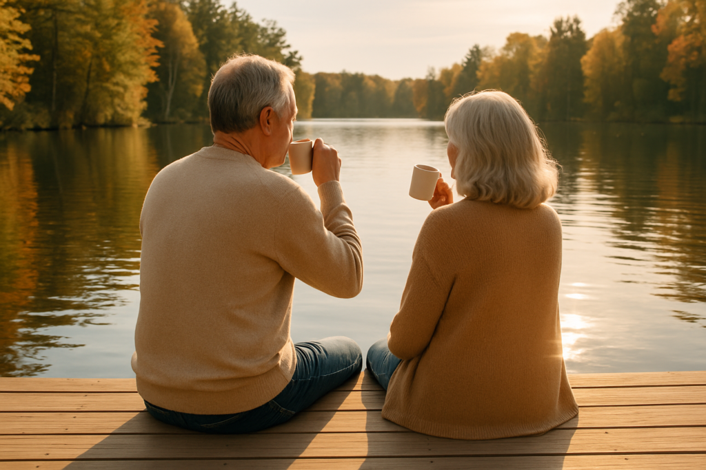 Wide horizontal editorial photograph of a couple in their early 60s, viewed from behind, seated side by side on a wooden