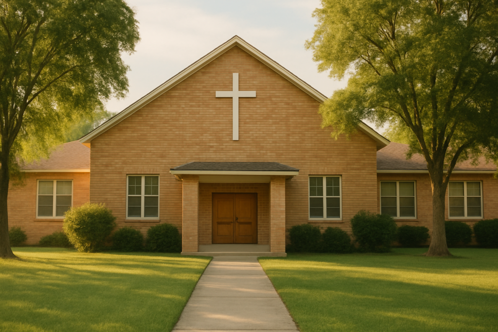 Wide horizontal editorial photograph taken outdoors, depicting a well-kept mid-century church or community charitable or